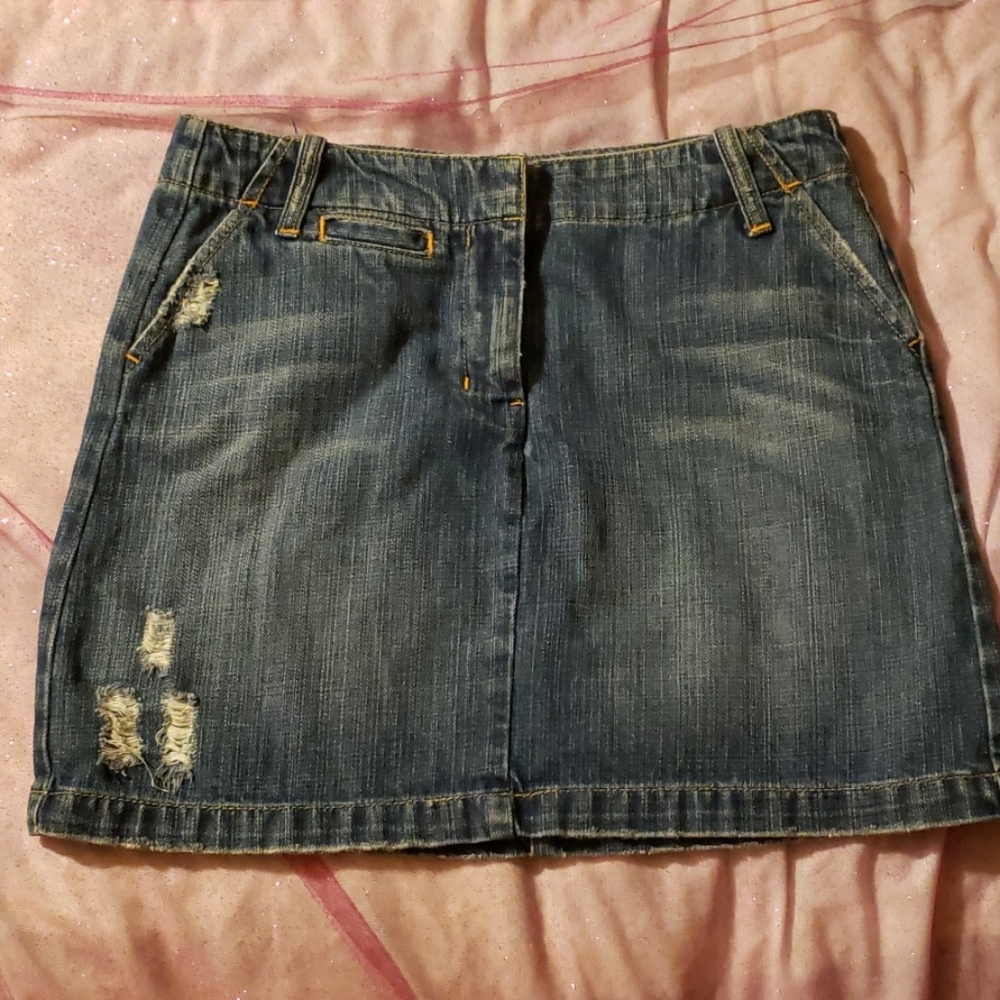 Distressed denim skirt